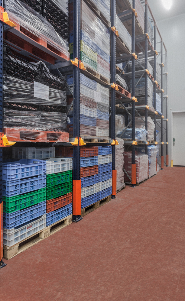Dieses Kompaktsystem wurde bei Hemosa zur Lagerung von Paletten mit gefrorenen Halbfertigprodukten und sperrigen Verbrauchsmaterialen wie Verpackungen installiert